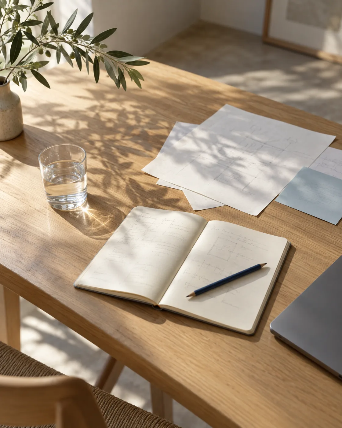 Editorial illustration of a sunlit oak worktable with notebooks, working papers and olive branches.